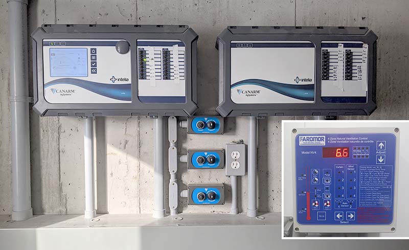 Multiple controls mounted on a wall to control fans and curtain or panel openings based on desired temperature.