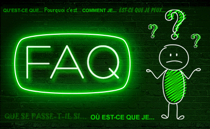 Panneau au néon indiquant « FAQ » avec une silhouette confuse à côté.