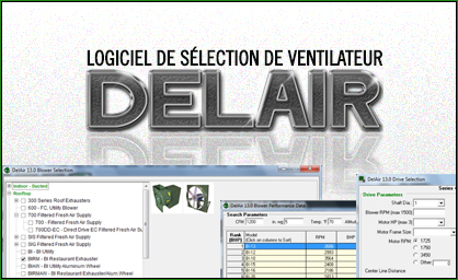 le logo du logiciel de sélection des ventilateur Delair et des captures d'écran des écrans de configuration du logiciel.