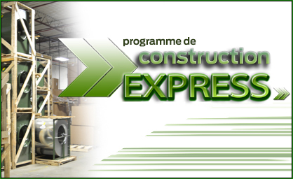 Souffleurs de ventilation dans des caisses prêtes à être expédiées avec un texte indiquant « Programme de construction express ».