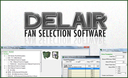 the Delair Fan Selection Software logo and screenshots of configuration screens within the software.