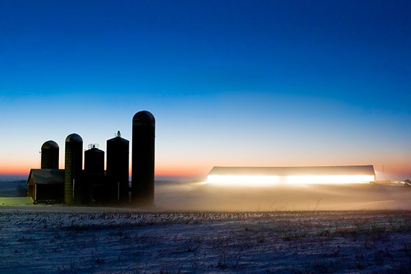 Barn with bright lights on in the fog during at sunrise.