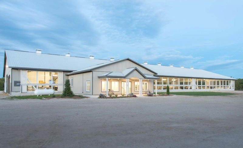 A well lit dairy barn with curtains open in a natural ventilation system.