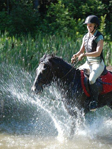 A horse and rider galloping through water.