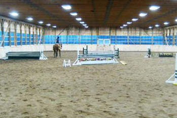 Un cheval et un cavalier dans une arène intérieure.