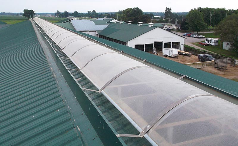 Ridge exhaust system on a barn with skylights.