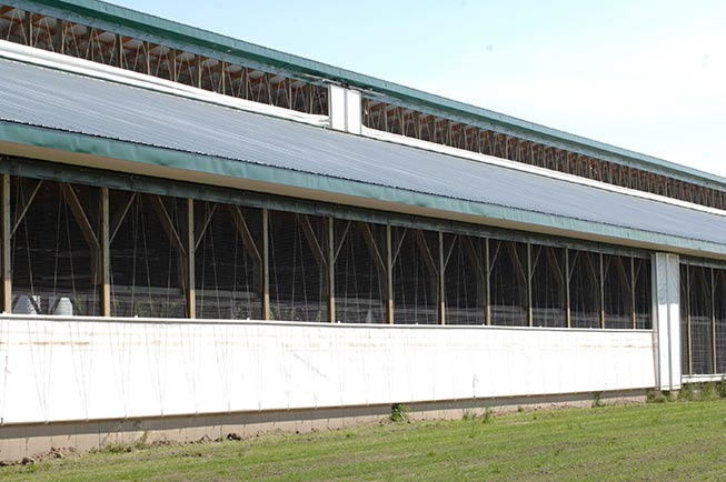 Un faîtage en saillie sur une grange avec un système de rideau et un rideau à enroulement vertical sur le mur latéral en dessous.