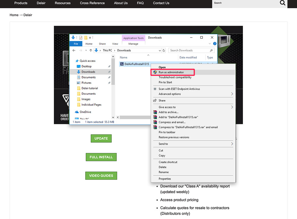 Capture d'écran du fichier delair téléchargé dans Windows mettant en évidence l'option « exécuter en tant qu'administrateur ».