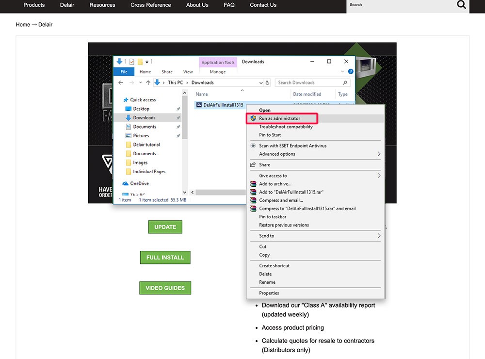 Screenshot of dowloaded delair file in Windows highlighting the 'run as administrator' option.