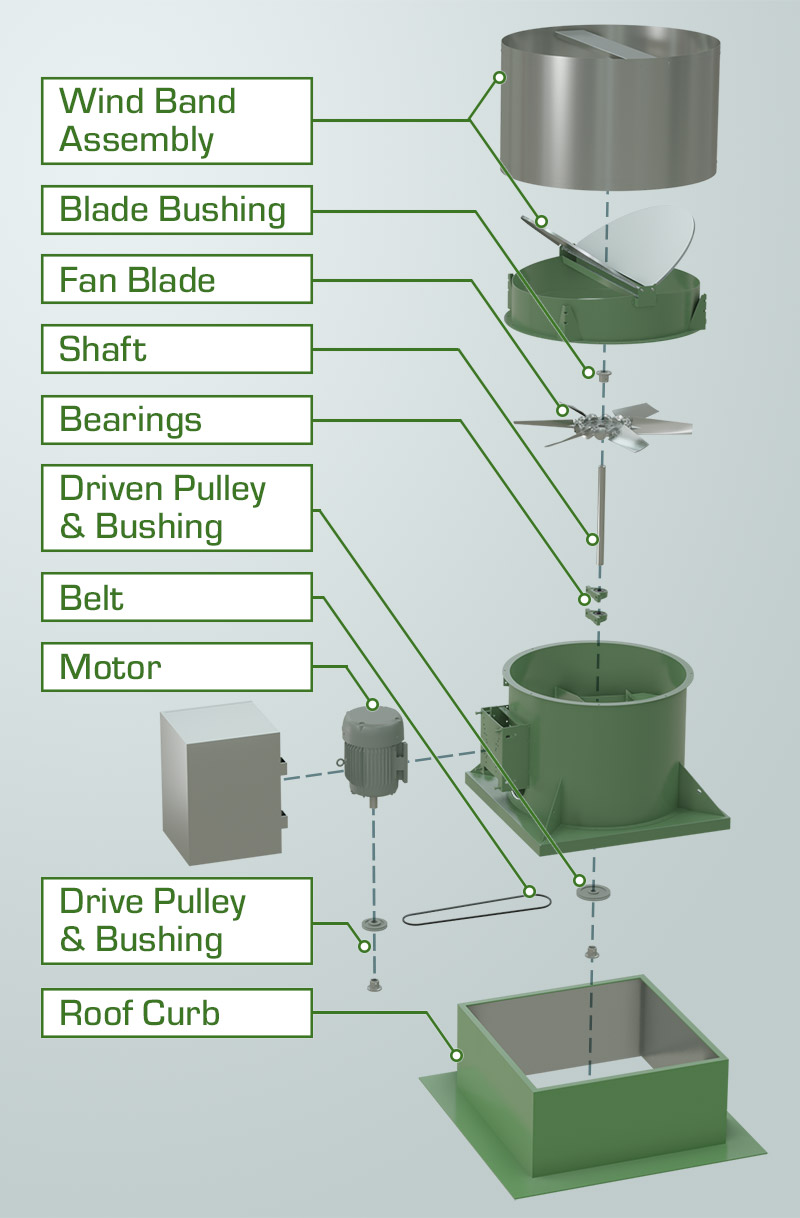 Exploded view of an RTA fan with wind band assembly, blade bushing, fan blade, shaft, bearings, driven pulley & bushing, belt, motor, srive pulley & bushing, and roof curb.