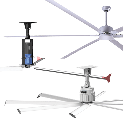 High velocity low speed fans: Tri-Lite, Hexa-Lite and FanBos.