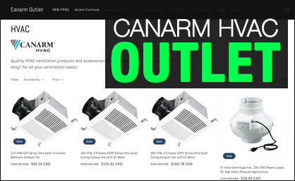 Capture d'écran du site Canarm Outlet montrant des produits CVC à vendre.