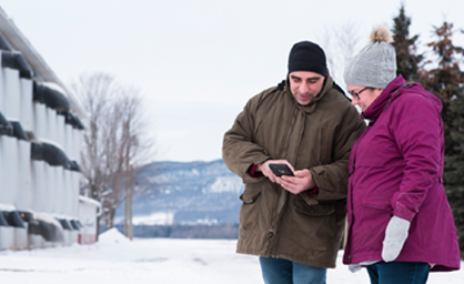 Deux personnes vérifient leur troupeau à partir des données présentées sur un téléphone intelligent.